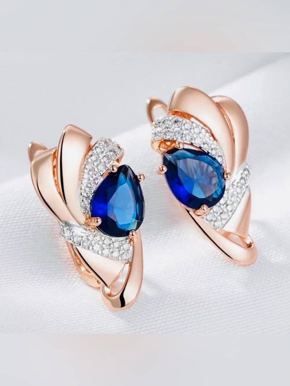 Rose Gold Earrings with Blue Teardrop Gemstones